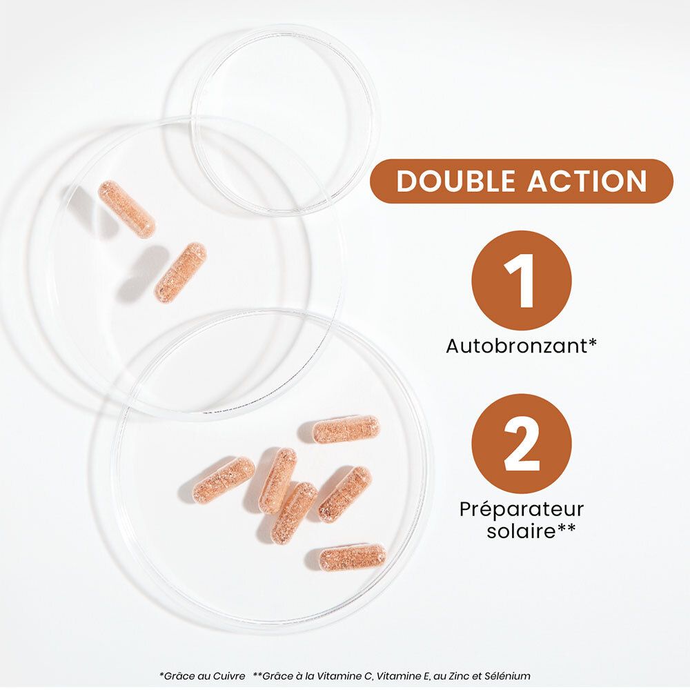 Gélules dans des boîtes de Pétri. Double action: 1. Autobronzant, 2. Préparateur solaire. Texte.