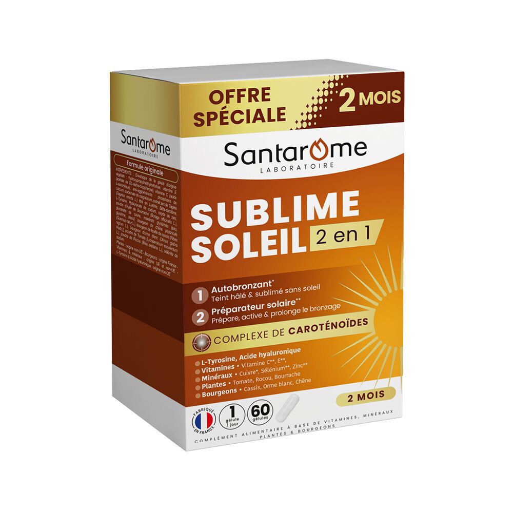 Boîte Santarome Sublime Soleil 2 en 1. Contient 60 gélules. Inscription « Offre Spéciale » et « 2 Mois ».
