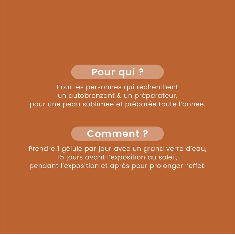Texte sur fond orange. Questions : « Pour qui ? » et « Comment ? ». Instructions pour la prise de gélules.
