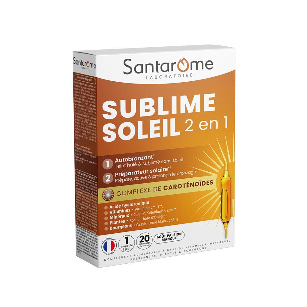 Boîte Santarome Sublime Soleil 2 en 1. Contient 20 ampoules. Texte: Autobronzant, Préparateur solaire. Drapeau français.