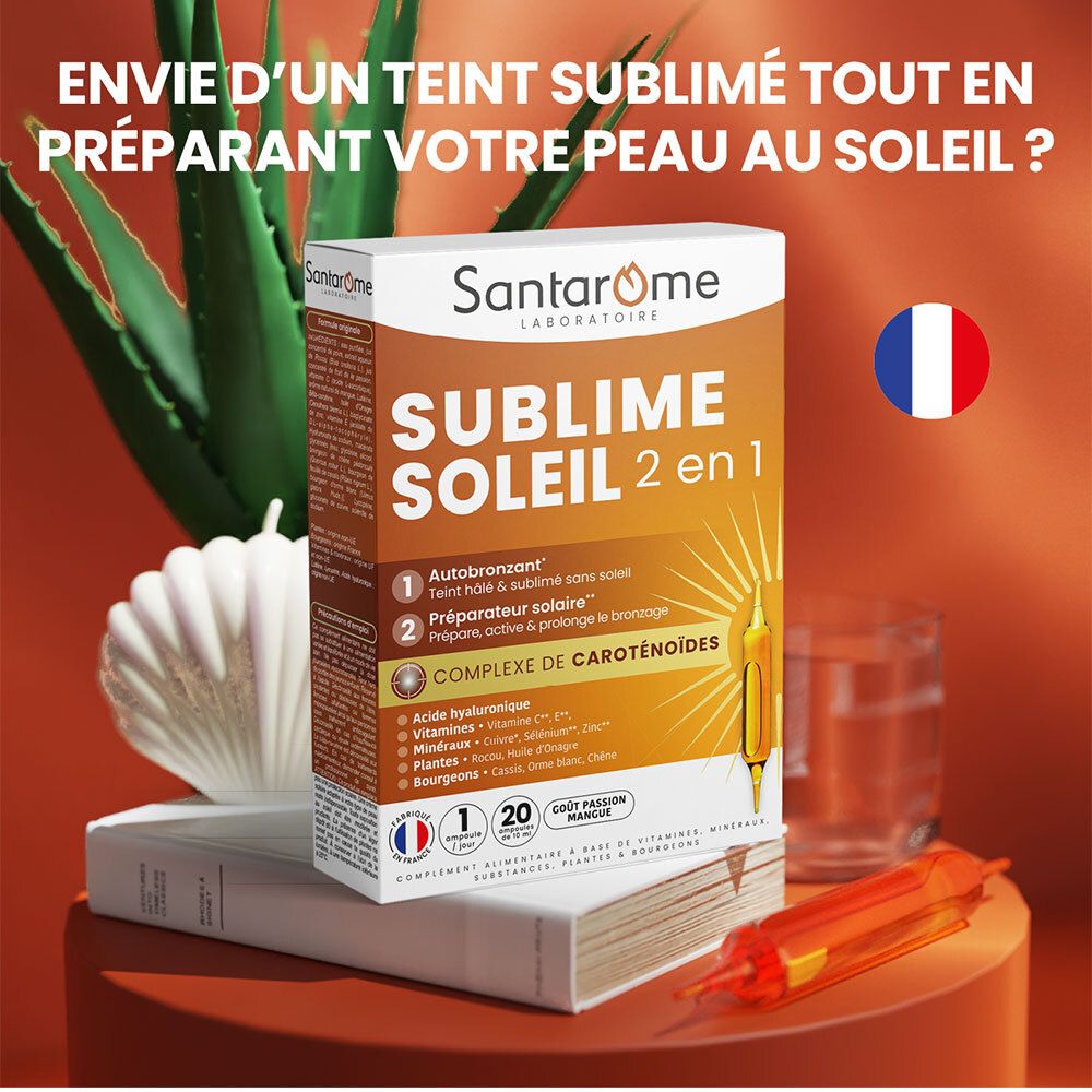 Emballage produit Santarome Sublime Soleil 2 en 1. Texte: Autobronzant, Préparateur solaire. Drapeau français. Fond : Aloe Vera.