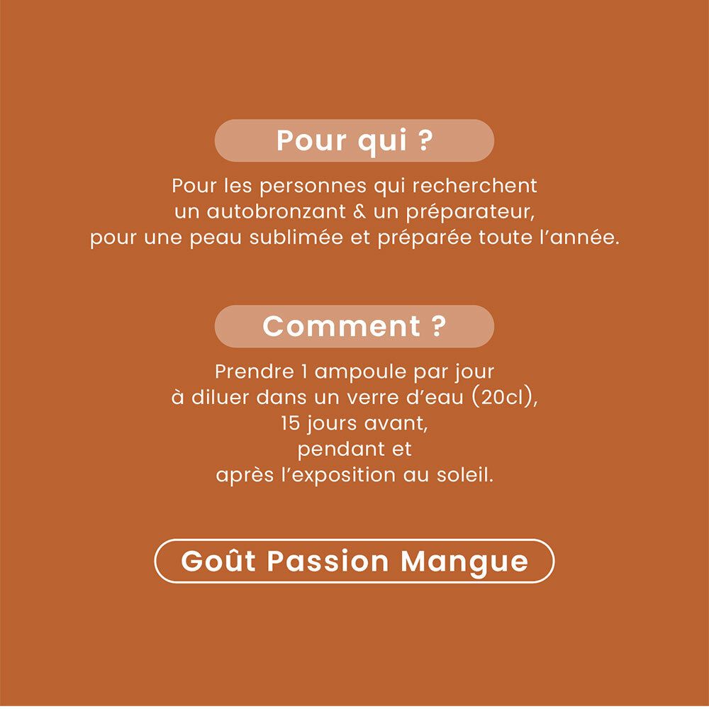 Texte sur fond orange. Texte: Pour qui ?, Comment ?, Goût Passion Mangue. Informations d'utilisation.