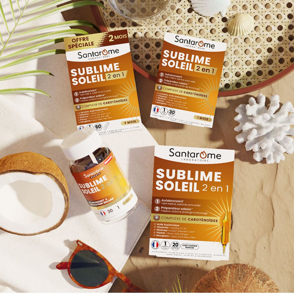 Plusieurs emballages Santarome Sublime Soleil 2 en 1. Sur une table. Noix de coco, lunettes de soleil, décoration.