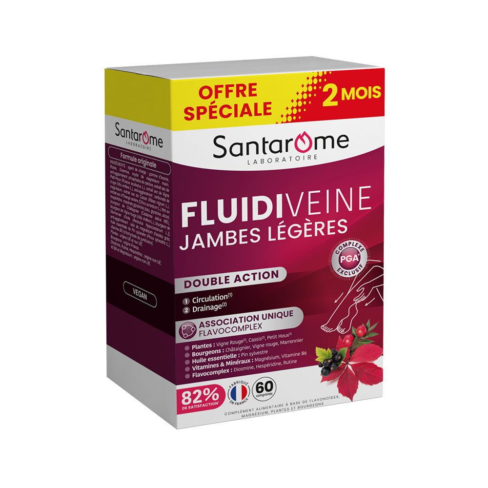 Boîte Santarome Fluidiveine. Double action : Circulation et Drainage. Contient FlavoComplex. Vegan. 60 comprimés.