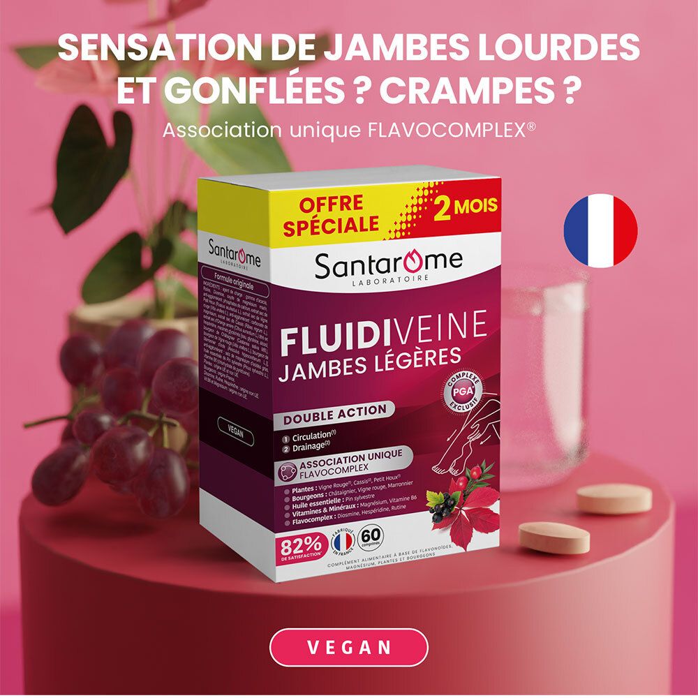 Emballage Santarome Fluidiveine. Drapeau français. Vegan. 60 comprimés. Sur fond rouge.