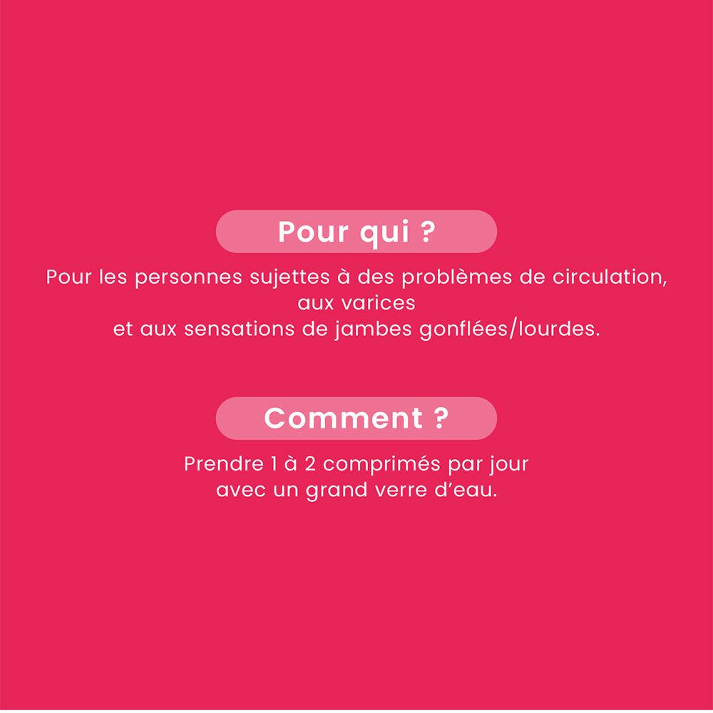 Texte sur fond rose : Pour qui ? Pour les personnes souffrant de problèmes de circulation, varices et jambes gonflées. Comment ?
