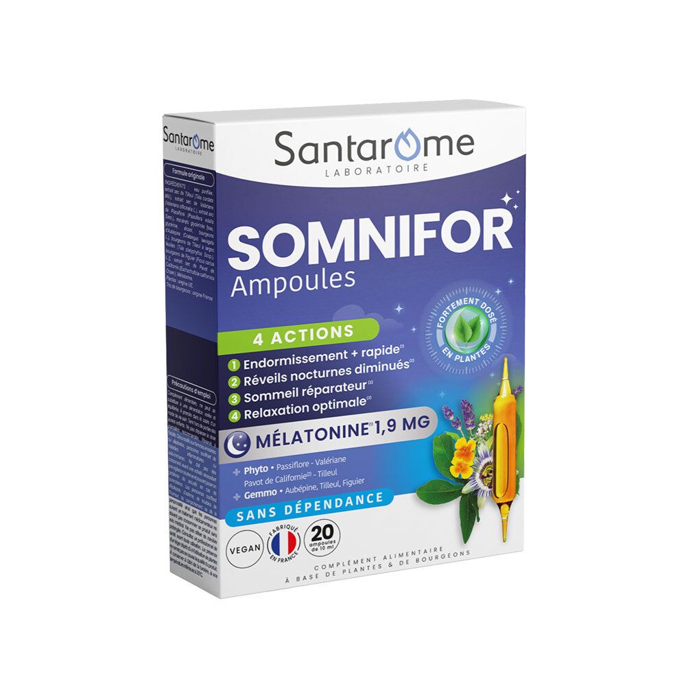 Boîte de Santarome Somnifor Ampoules. Contient 20 ampoules. Vegan. Drapeau français. Inscription : Mélatonine 1,9 mg.