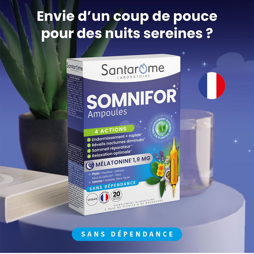 Emballage du produit Santarome Somnifor Ampoules. Drapeau français. Texte : Mélatonine 1,9 mg. Sur fond bleu.