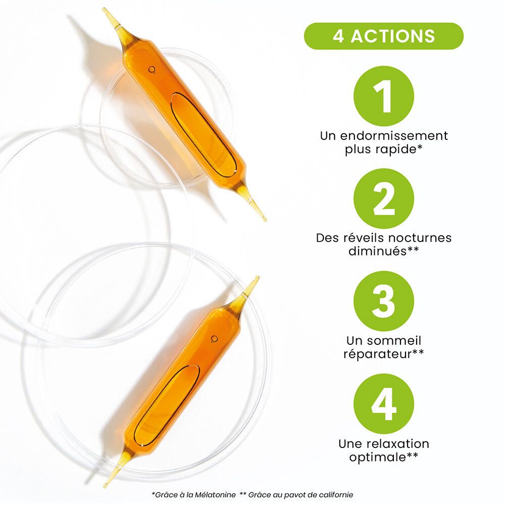 Deux ampoules avec liquide jaune. Quatre actions : endormissement rapide, moins de réveils nocturnes, sommeil réparateur, relaxation optimale.