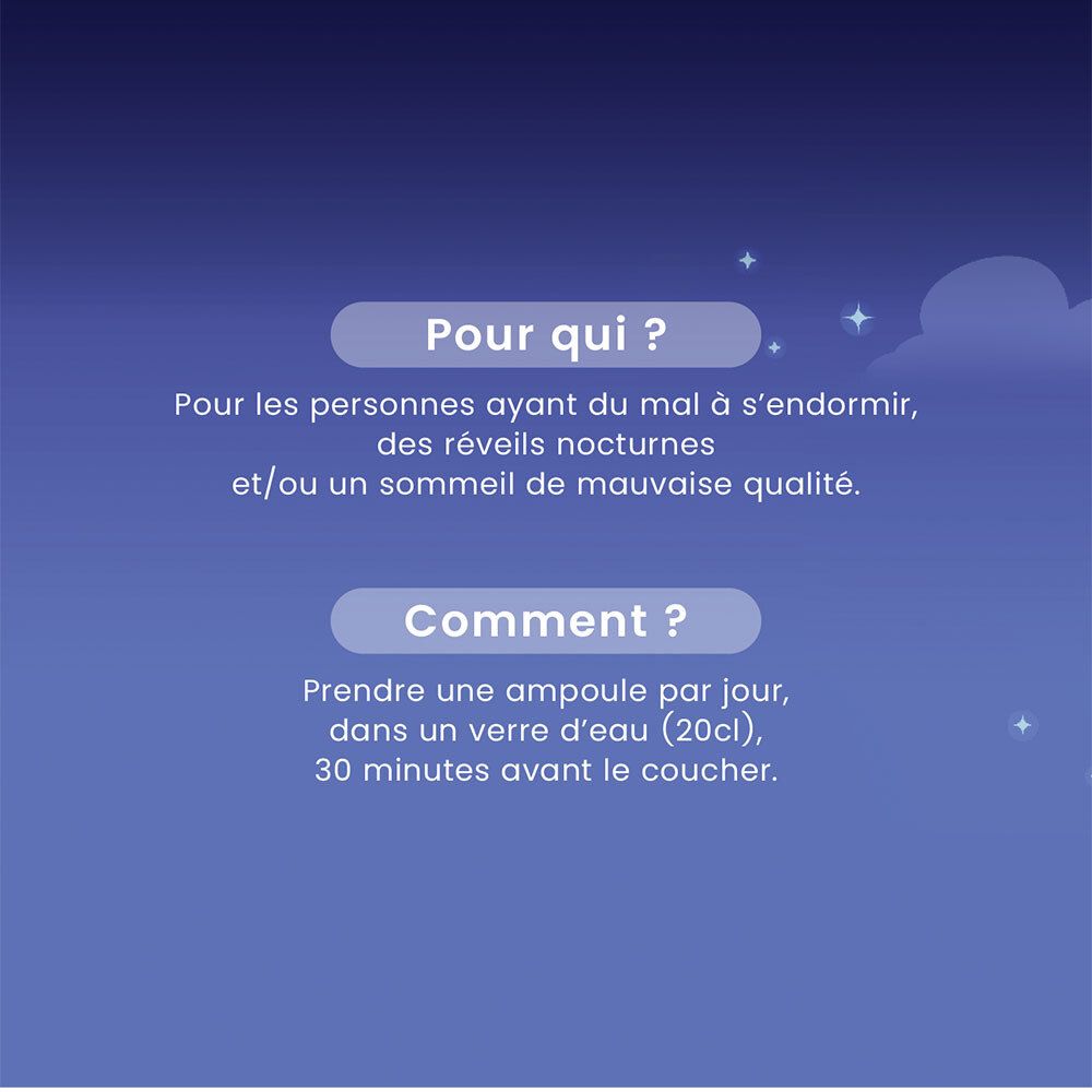 Texte sur fond bleu. Questions et réponses sur les ampoules. Utilisation : 1 ampoule par jour dans un verre d'eau, 30 minutes avant le coucher.