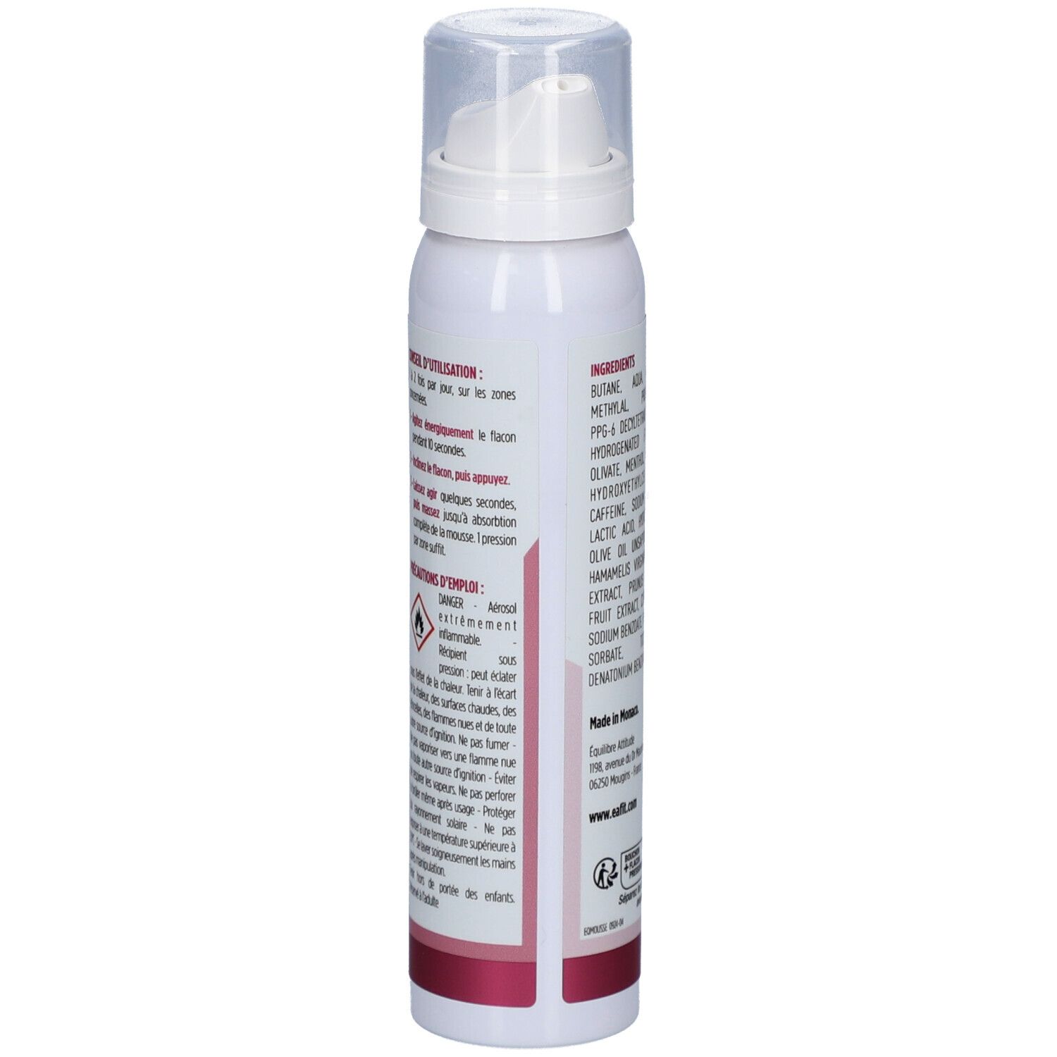 Dos du flacon. Conseils d'utilisation et avertissements en français. Symbole de danger.