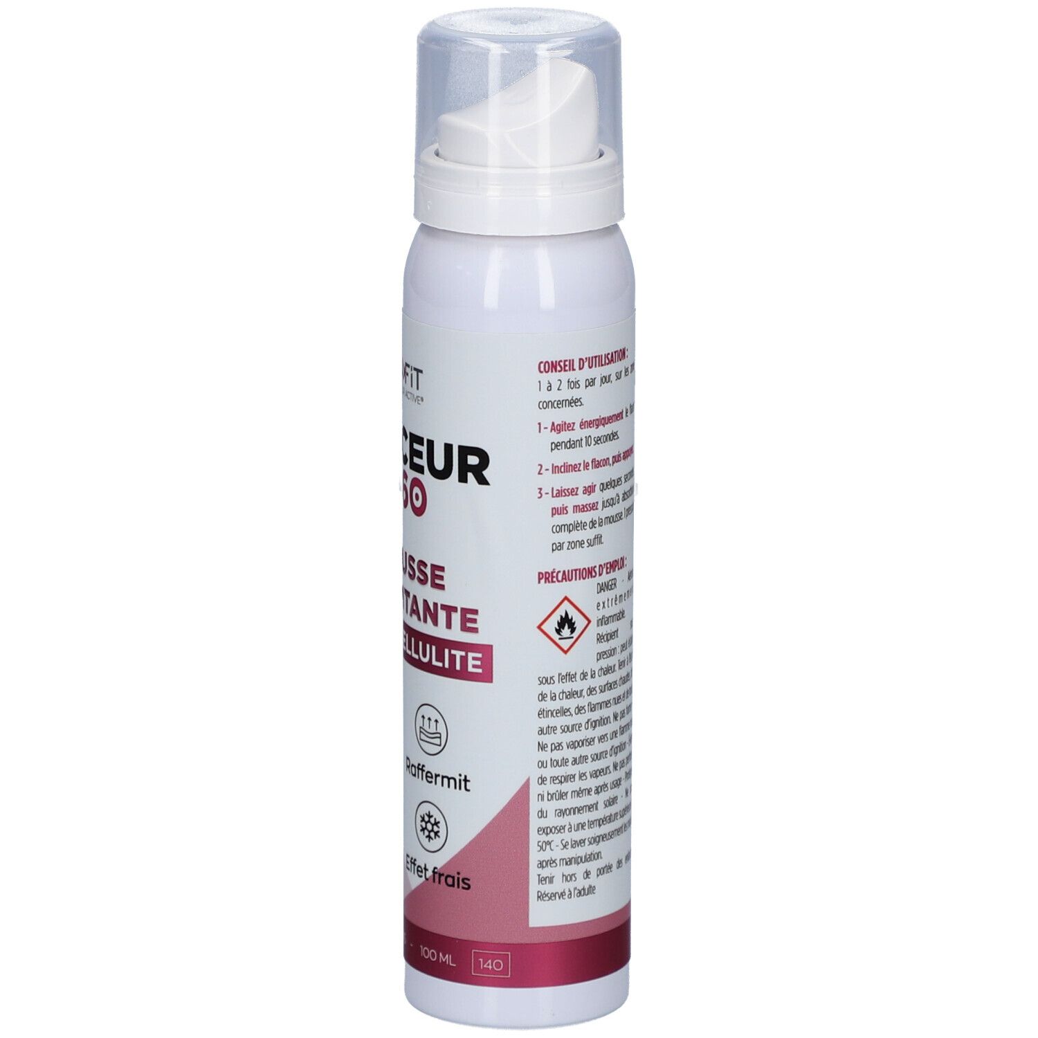 Dos du flacon. Conseils d'utilisation en français. Précautions et logos.