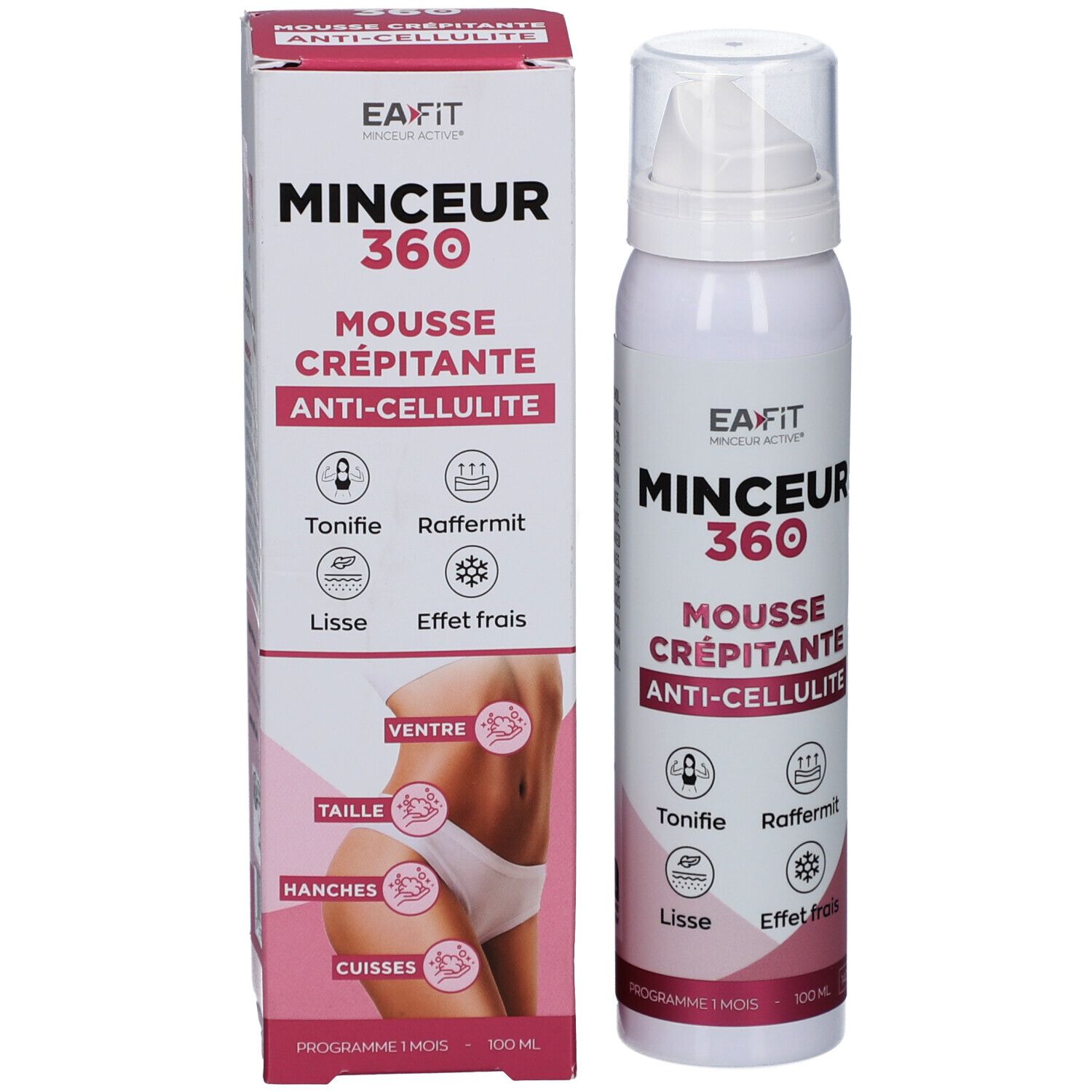 Produit et emballage. Flacon blanc et carton. Inscription: Minceur 360 Mousse Crépitante Anti-Cellulite. Texte en français.