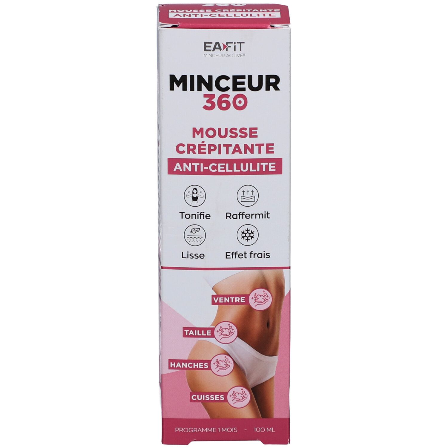 Emballage du produit. Carton avec inscription: Minceur 360 Mousse Crépitante Anti-Cellulite. Texte en français. Illustration.