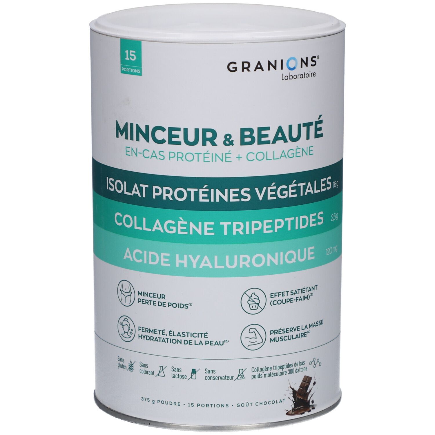 Boîte cylindrique avec impression du produit. "GRANIONS" en haut. Inscriptions : "MINCEUR & BEAUTE", "ISOLAT PROTÉINES VÉGÉTALES", "COLLAGÈNE TRIPEPTIDES", "ACIDE HYALURONIQUE".