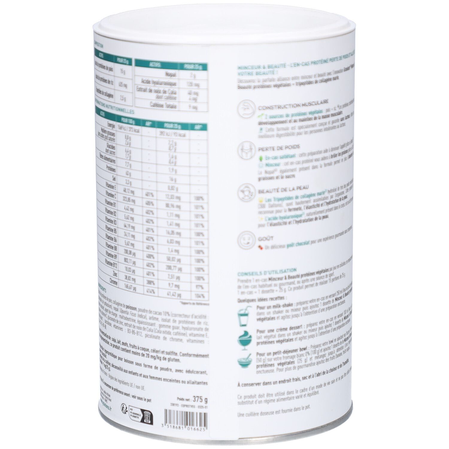 Dos d'une boîte cylindrique. Contient des tableaux d'informations nutritionnelles et des instructions d'utilisation. Texte en français.