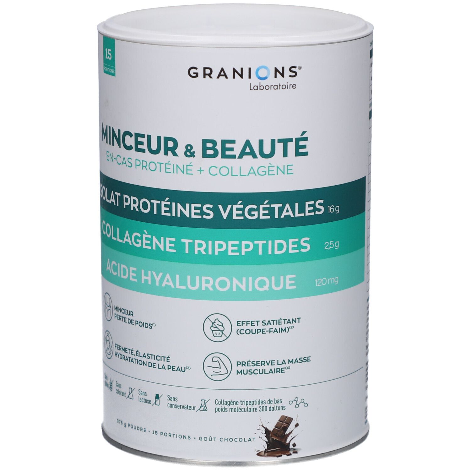 Boîte cylindrique avec impression du produit. "GRANIONS" en haut. Inscriptions : "MINCEUR & BEAUTE", "ISOLAT PROTÉINES VÉGÉTALES", "COLLAGÈNE TRIPEPTIDES", "ACIDE HYALURONIQUE".
