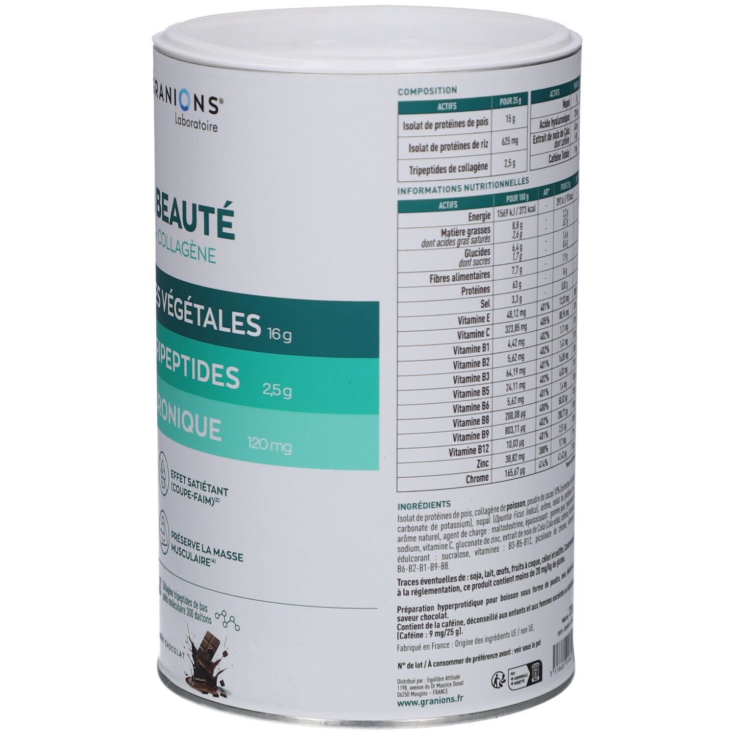 Dos d'une boîte cylindrique. Contient des informations sur les ingrédients, la valeur nutritionnelle et l'utilisation. Texte en français.