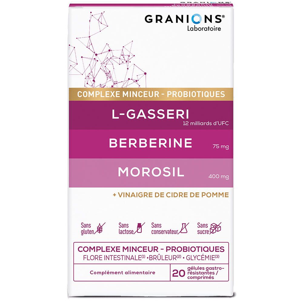 Boîte de GRANIONS Complexe Minceur. Blanche, accents violets. Contient L-Gasseri, berbérine, Morosil. 20 comprimés.