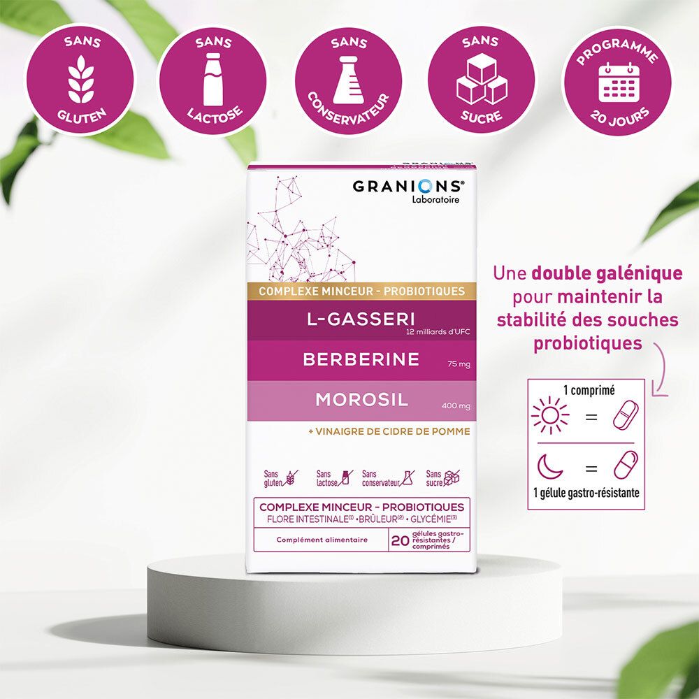 Boîte GRANIONS Complexe Minceur. Symboles sans gluten, lactose, conservateurs, sucre. 20 comprimés. Double galénique.