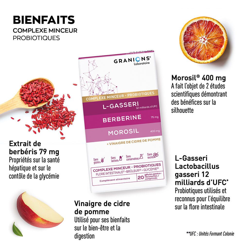 Boîte avec ingrédients : L-Gasseri, berbérine, Morosil. Vinaigre de cidre. Illustration : orange sanguine, baies de goji.