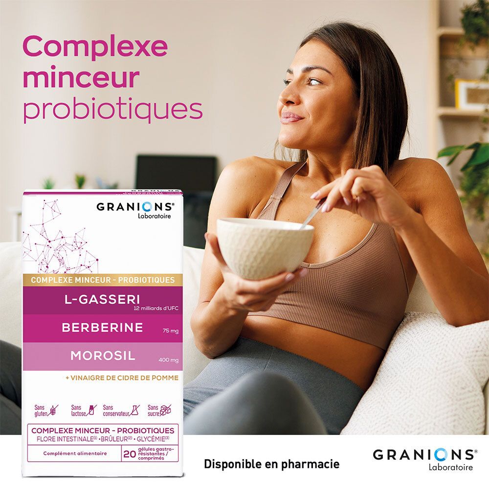 Femme assise sur un canapé, tenant un bol. Boîte GRANIONS Complexe Minceur. Disponible en pharmacie.