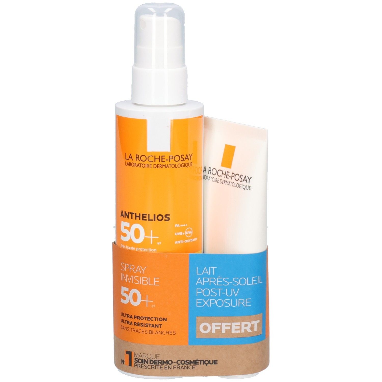 Spray solaire et lotion après-soleil dans emballage. Flacon spray avec étiquette jaune. Lotion en tube. Texte: ANTHELIOS 50+.
