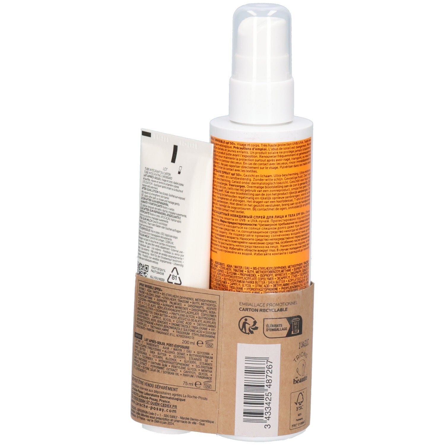 Dos de l'emballage avec spray solaire et lotion après-soleil. Flacon spray et tube. Texte et informations sur carton.