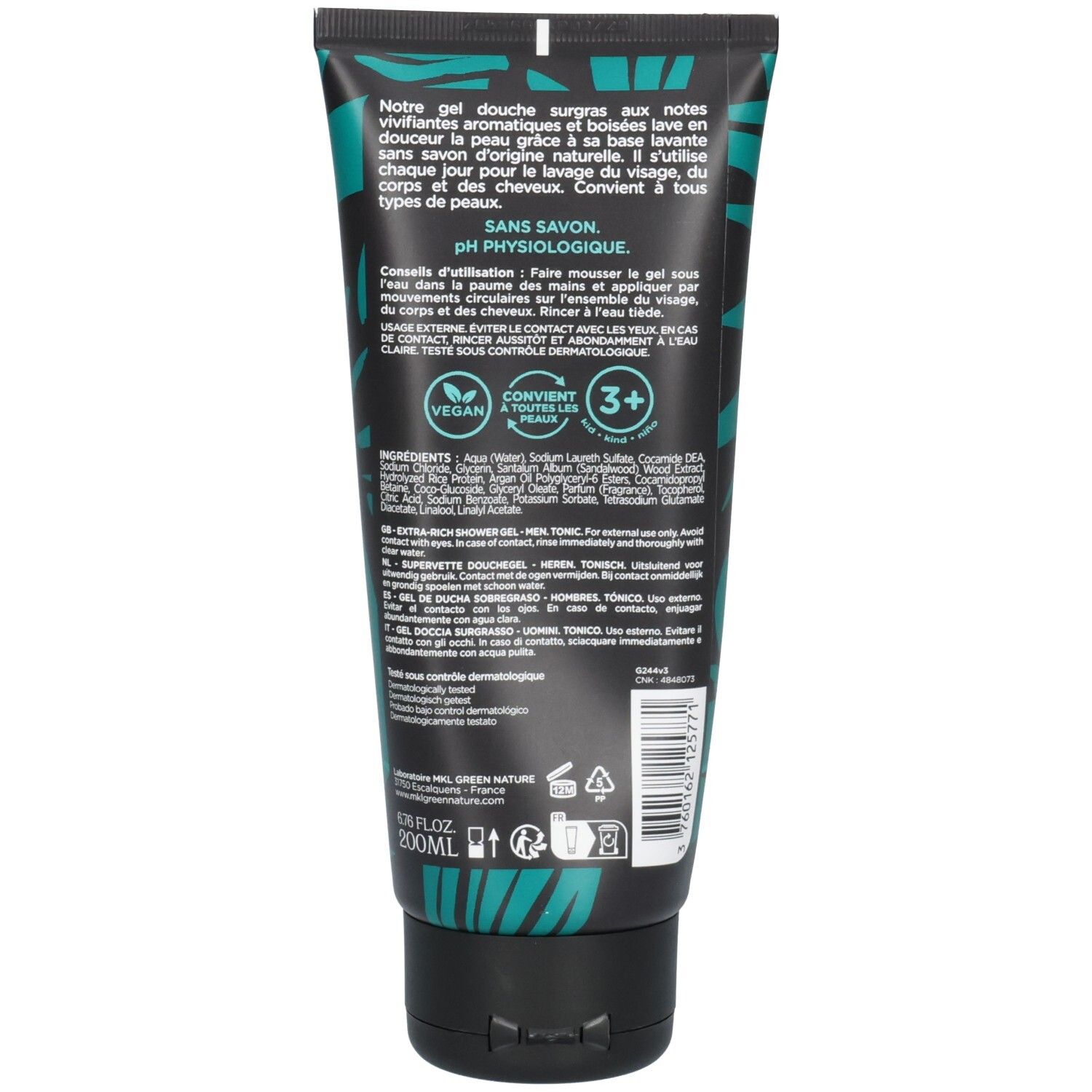 Dos Mkl Green Nature Gel douche pour hommes, Tonic. Vegan, sans savon, pH physiologique.