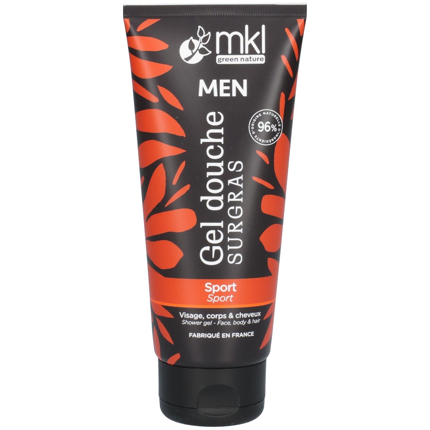 Tube de gel douche MKL MEN GEL DCH SPORT 200ML avec motifs de feuilles oranges et bouchon noir.