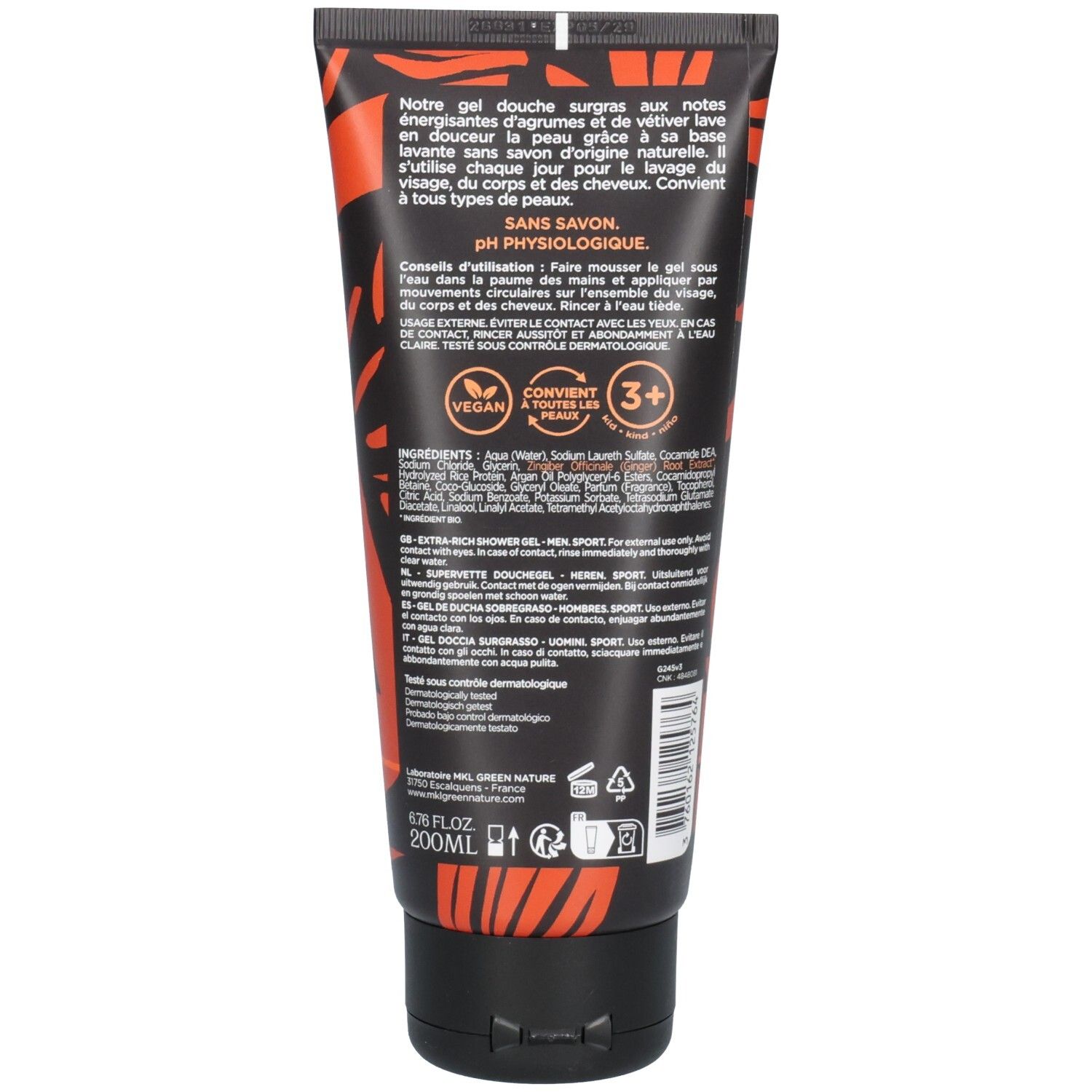 Arrière du tube MKL MEN GEL DCH SPORT 200ML avec liste des ingrédients et instructions.