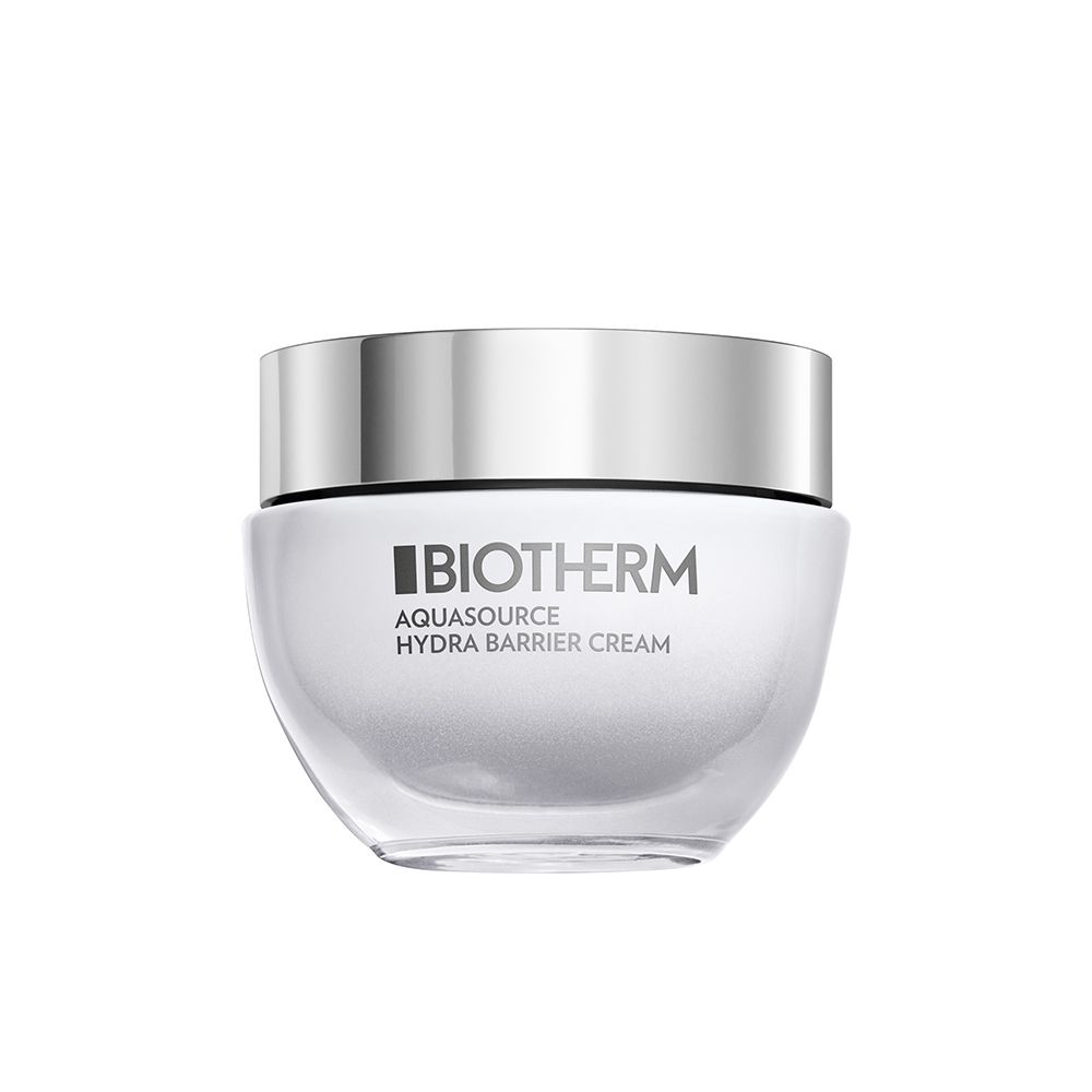 Crème visage Biotherm Aquasource Hydra Barrier dans un pot blanc avec un couvercle argenté.
