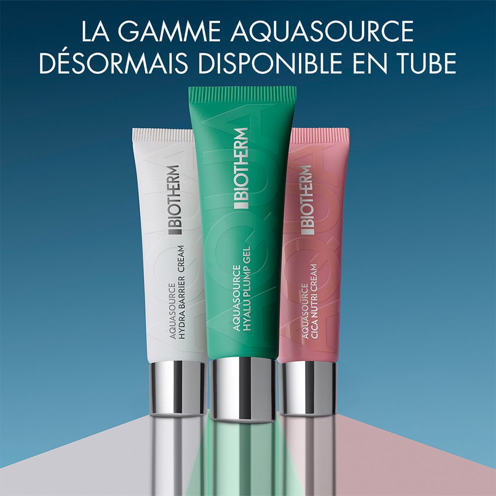 Tubes Biotherm Aquasource : Hydra Barrier Cream, Hyalu Plump Gel, Cica Nutri Cream.