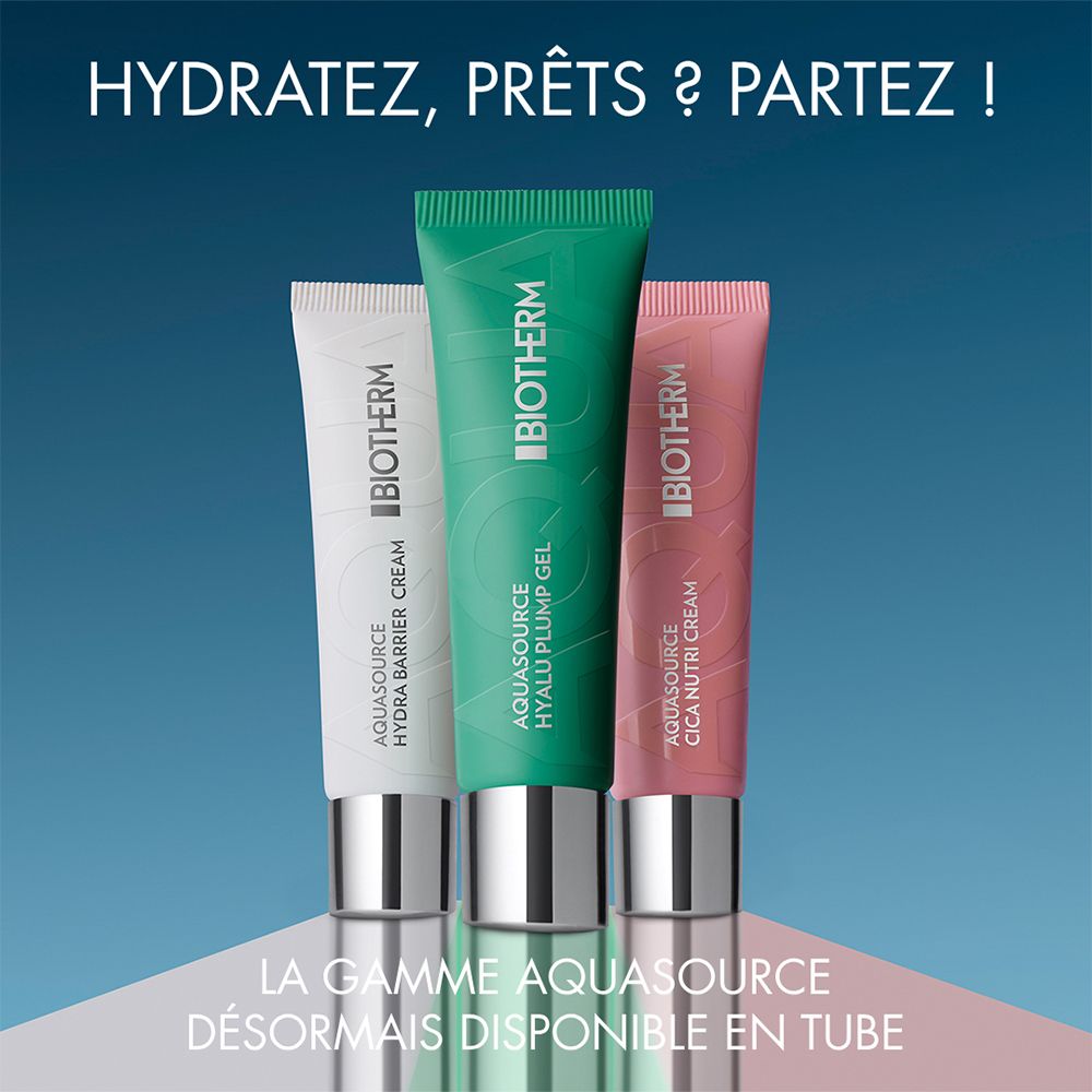 Biotherm Aquasource Hyalu Plump Gel, Hydra Barrier Cream, Cica Nutri Cream tubes.