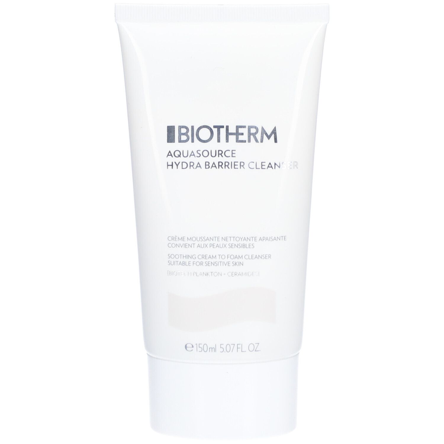 Tube blanc avec texte Biotherm Aquasource. Nom du produit et texte en bleu. Bouteille avec bouchon blanc.