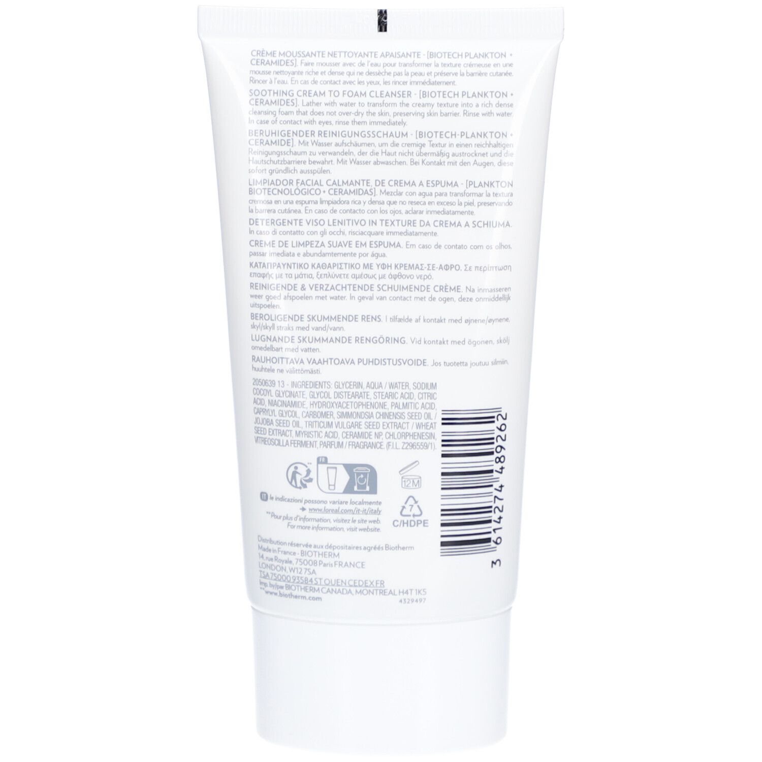 Dos du tube blanc. Texte multilingue. Code-barres et symboles de recyclage. Bouchon blanc.