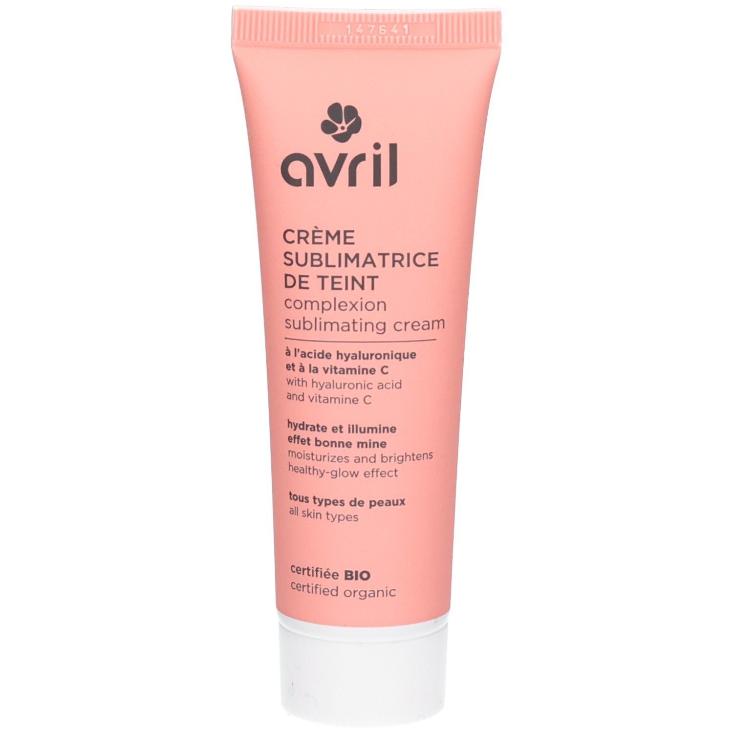Tube Avril Crème Sublimatrice De Teint, rose, avec inscriptions.