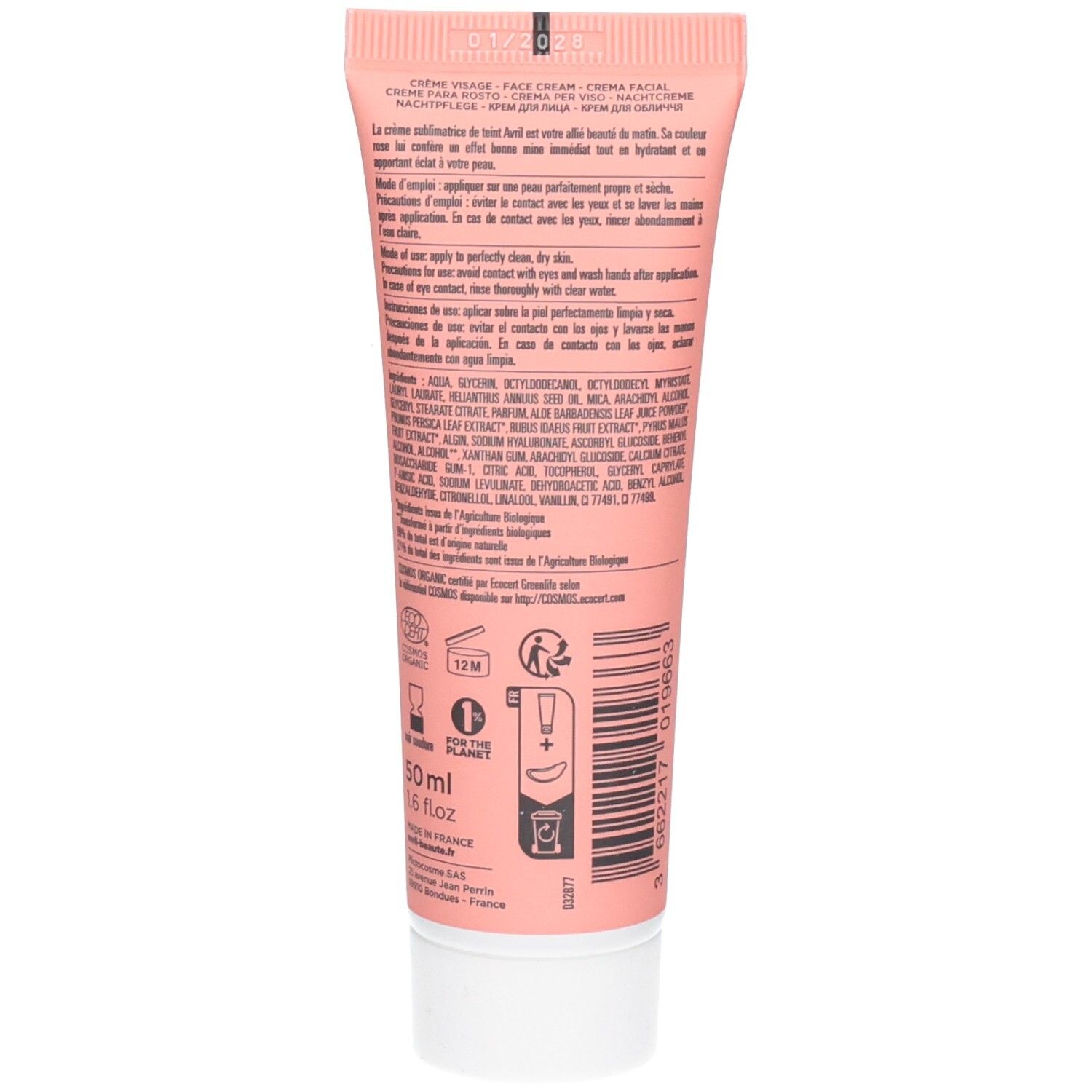 Arrière du tube Avril Crème Sublimatrice De Teint avec ingrédients et certifications.