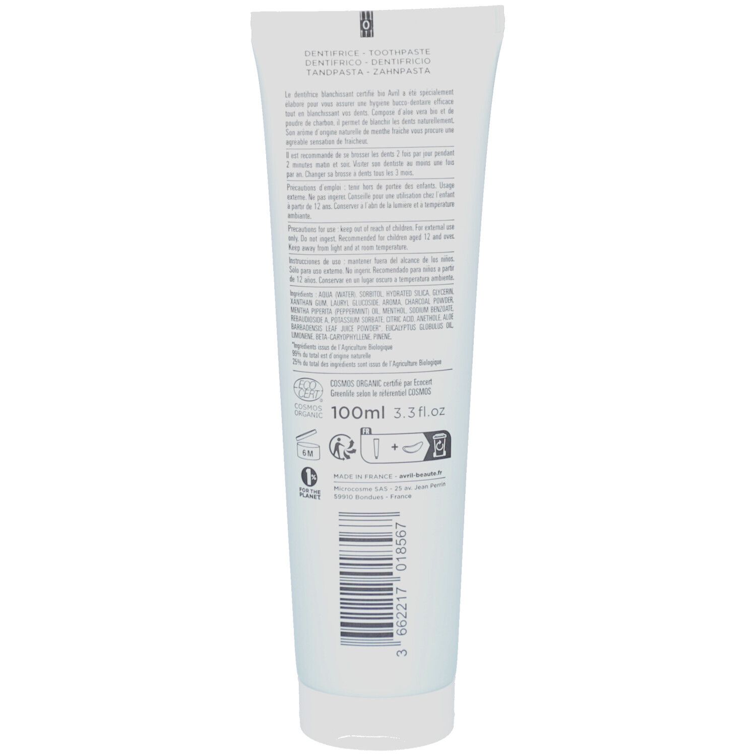 Dos du tube de dentifrice. Texte et pictogrammes. Inscriptions: 100ml, 3.3 fl.oz, COSMOS ORGANIC.