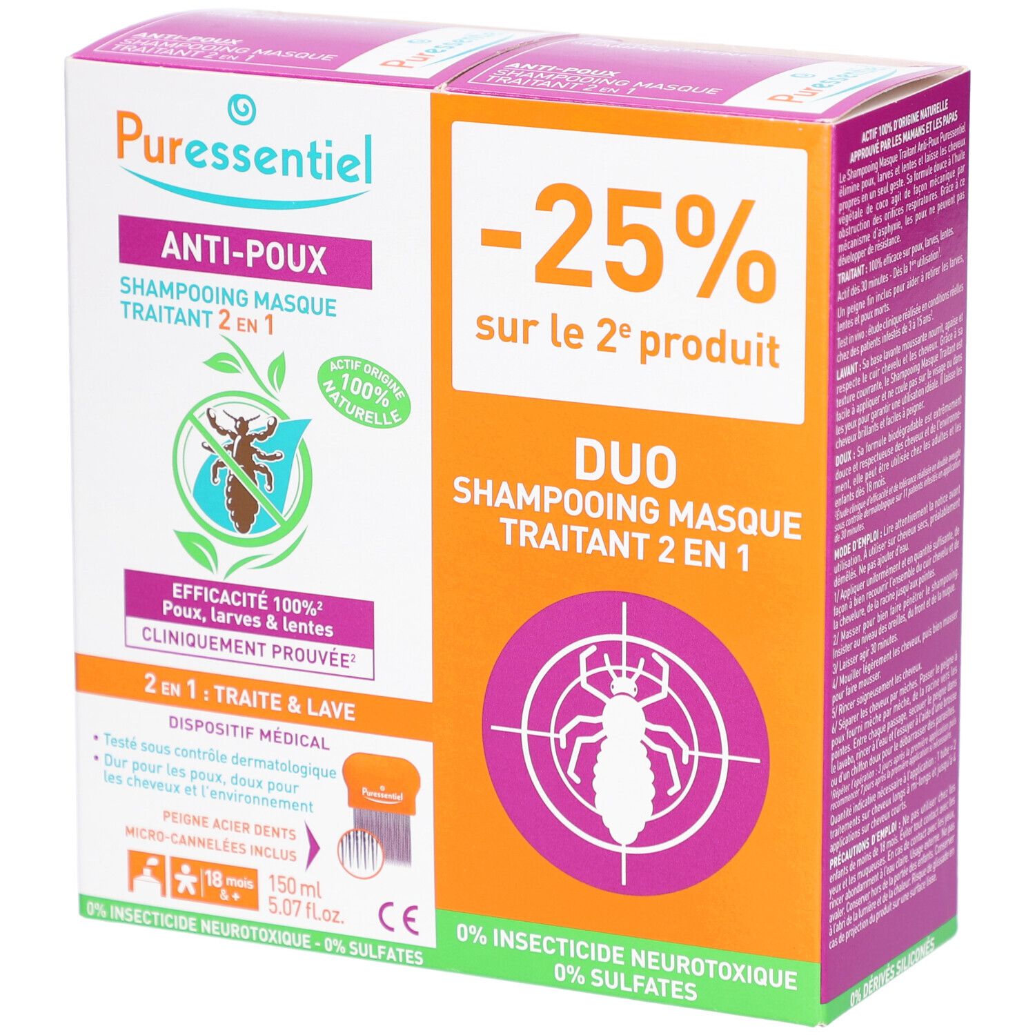 Boîte PURESSENTIEL Anti-Poux Shampooing Masque Traitant 2 en 1. Contient une illustration de pou et du texte.