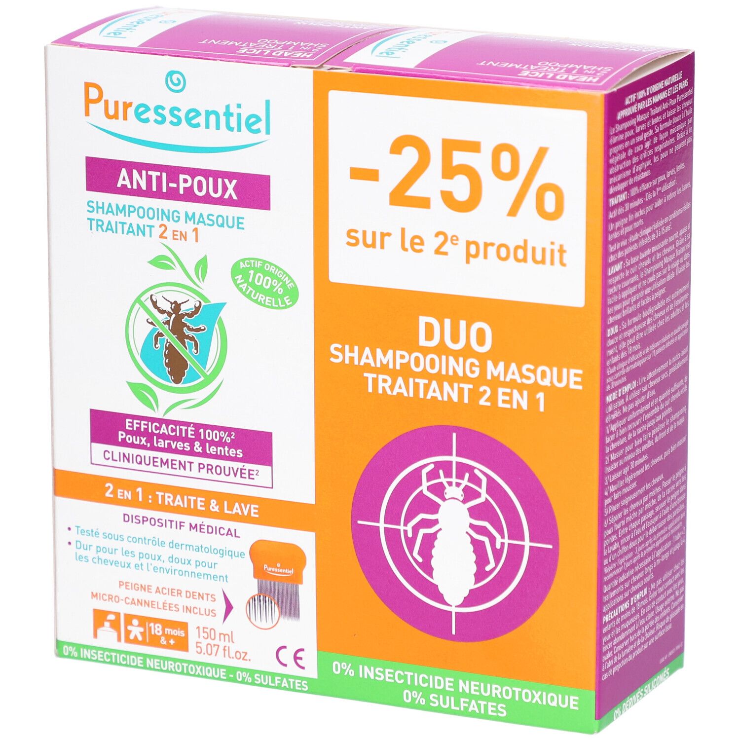 Boîte PURESSENTIEL Anti-Poux Shampooing Masque Traitant 2 en 1. Contient une illustration de pou et du texte.