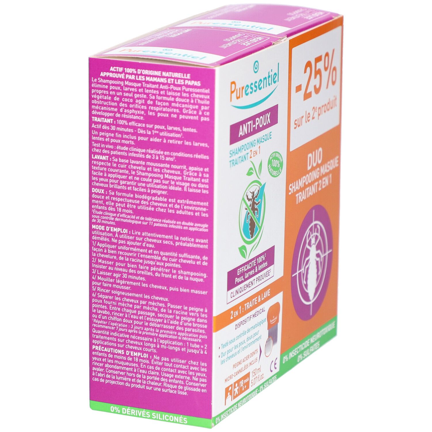 Vue latérale de la boîte PURESSENTIEL Anti-Poux Shampooing Masque Traitant 2 en 1. Texte et logo.