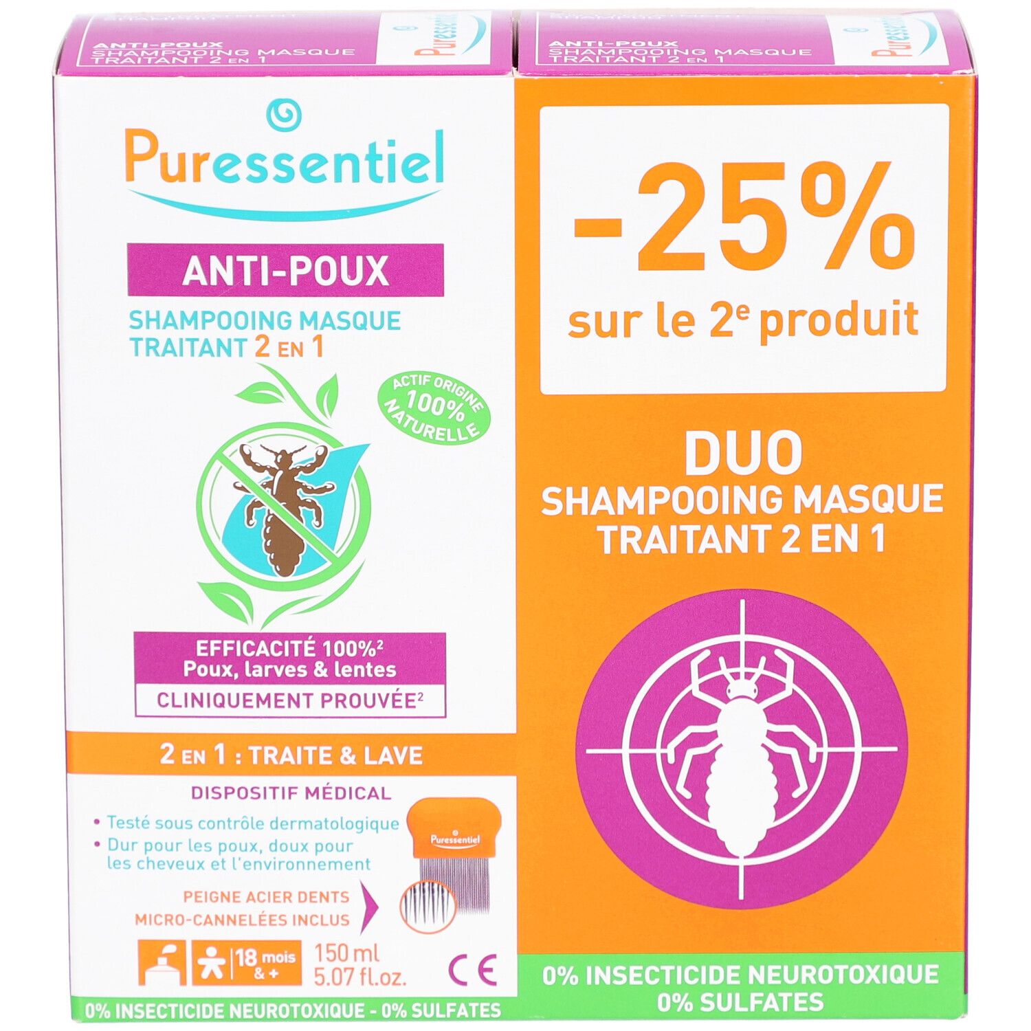 Deux boîtes PURESSENTIEL Anti-Poux Shampooing Masque Traitant 2 en 1. Illustration de pou et texte.