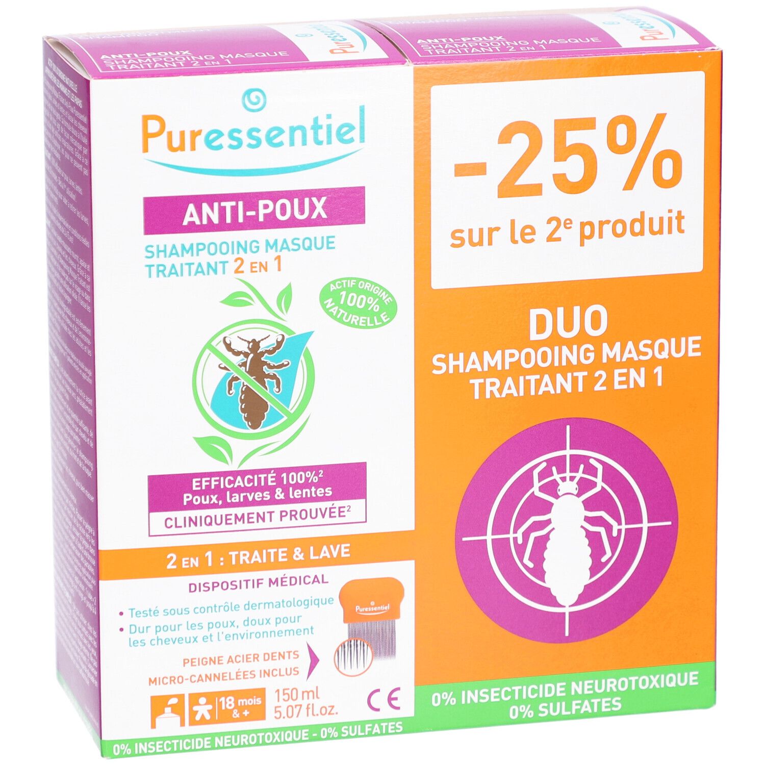 Deux boîtes PURESSENTIEL Anti-Poux Shampooing Masque Traitant 2 en 1. Illustration de pou et texte.