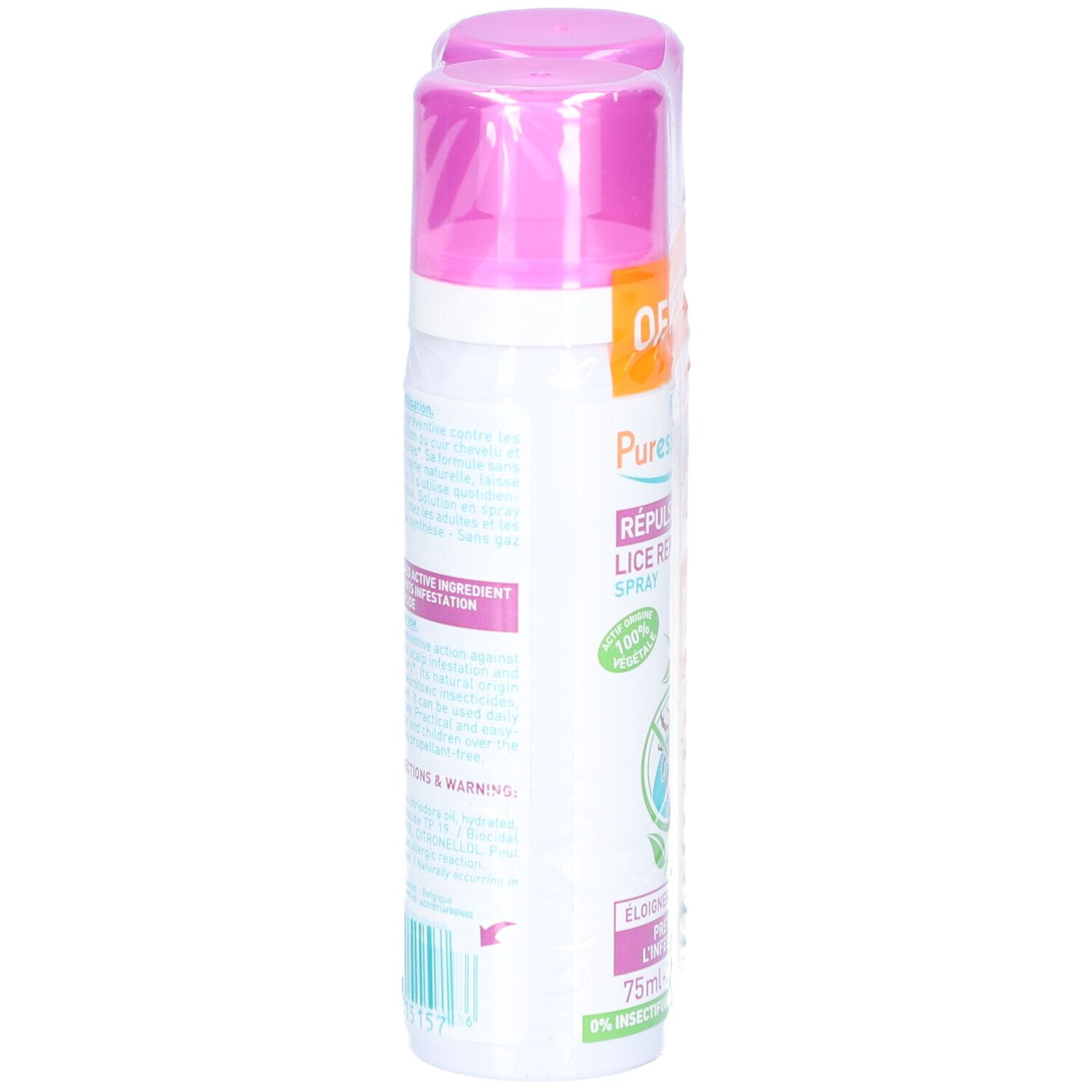 Spray, bouchon rose, étiquette blanche. "RÉPULSIF POUX", "24H". Emballé dans du plastique transparent.
