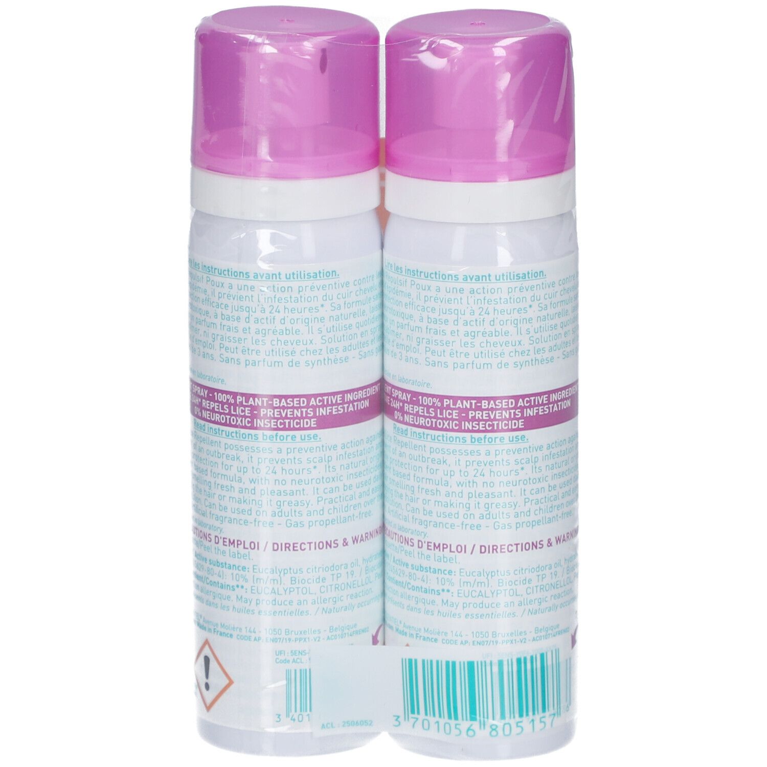 Dos de deux sprays. Texte en français. Avertissements, ingrédients, informations fabricant.