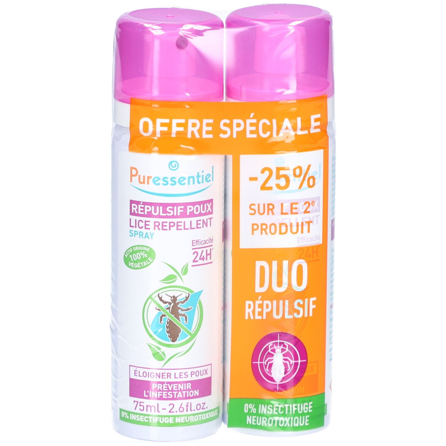 Deux sprays, bouchons roses, étiquettes blanches et oranges. "OFFRE SPÉCIALE", "RÉPULSIF POUX", "24H".