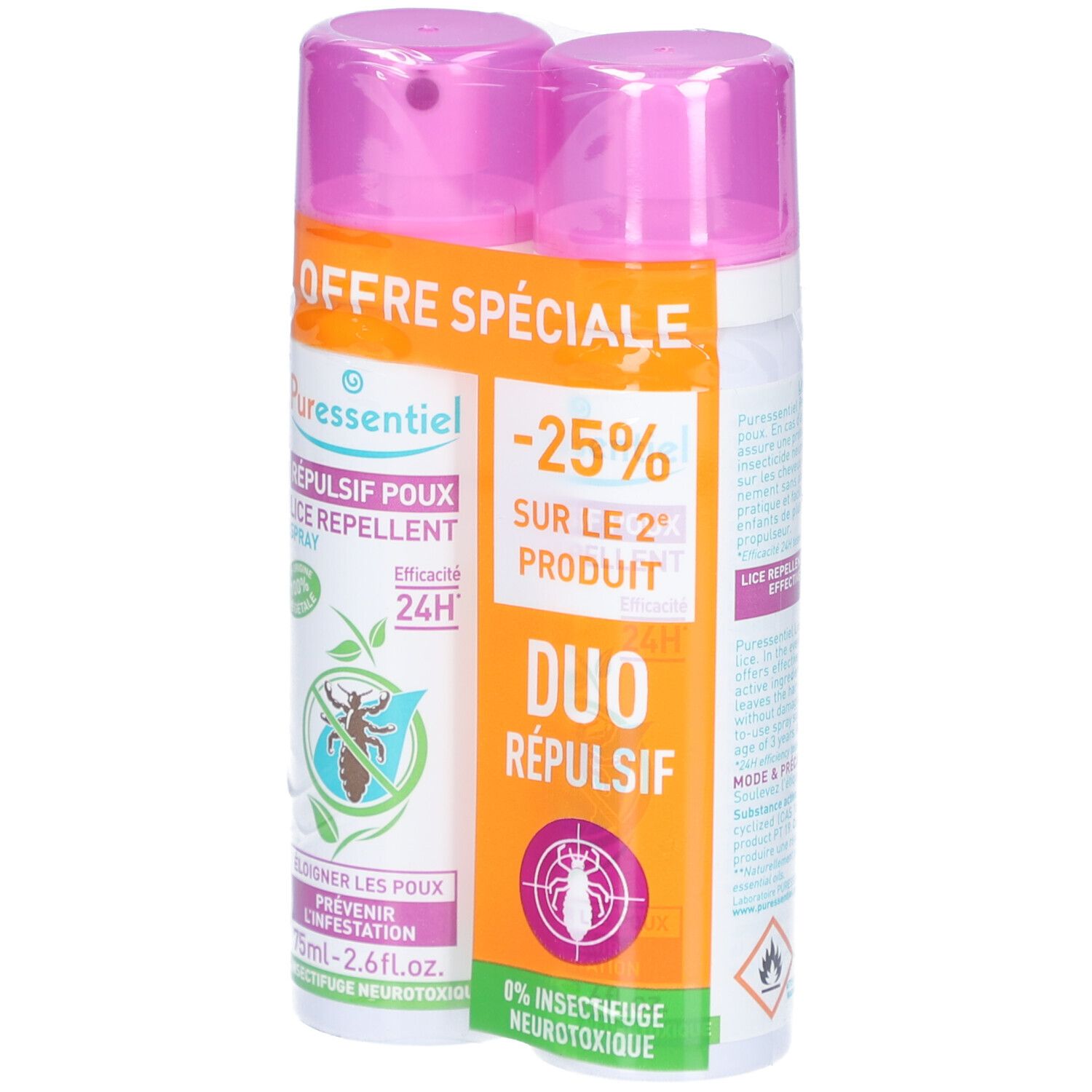 Deux sprays, bouchons roses, étiquettes blanches et oranges. "OFFRE SPÉCIALE", "RÉPULSIF POUX", "24H".
