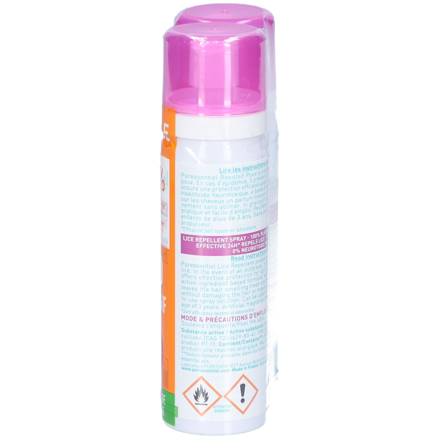 Spray, bouchon rose, étiquette blanche. "RÉPULSIF POUX", "24H". Dos avec texte, avertissements.