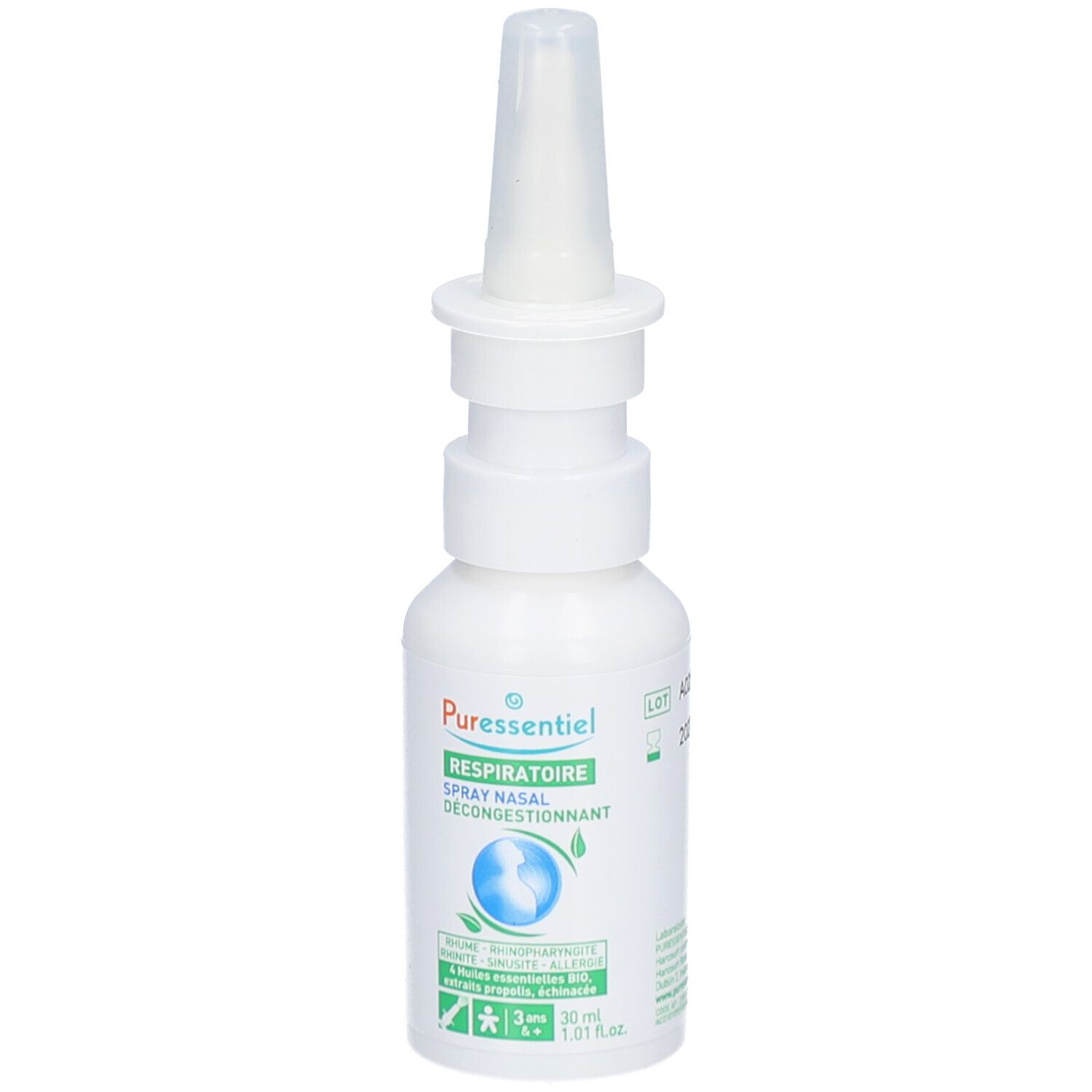 Flacon blanc avec embout spray. Inscriptions : Puresseentiel, Respiratoire, Spray Nasal Décongestionnant. Détails verts et bleus.